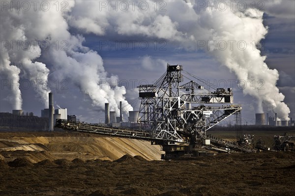 Opencast lignite mine with stacker and power plants