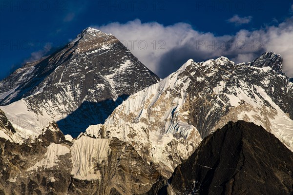 View in the evening light from Renjo La Pass 5417 m to the east on Himalaya with Mount Everest