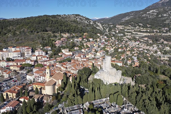 Aerial view La Turbie above Monaco with Roman victory monument Tropaeum Alpium or Trophee des Alpes in honour of Emperor Augustus and church