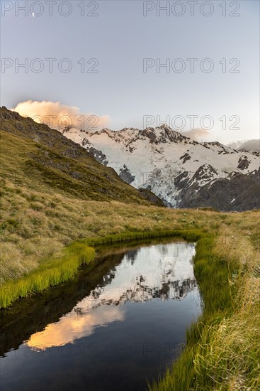 Mountains reflected in mountain lake at sunset