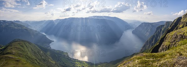 View from the top of the mountain Prest to the village Aurlandsvangen and the fjord Aurlandsfjord