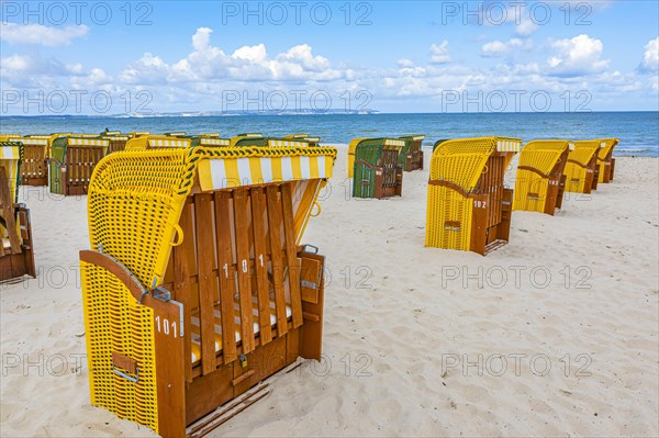 Closed beach chairs at the beach of the seaside resort Binz