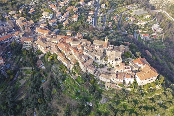 Aerial view mountain village Gorbio above Menton