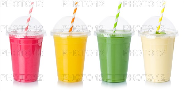 Various juices fruit juice drink juice in plastic cup exempted cutout isolated against a white background