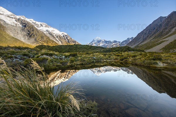Reflection in small mountain lake at sunrise
