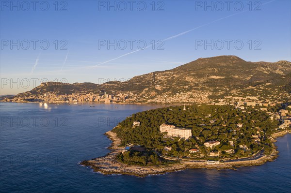 Aerial view Roquebrune Cap Martin shortly after sunrise