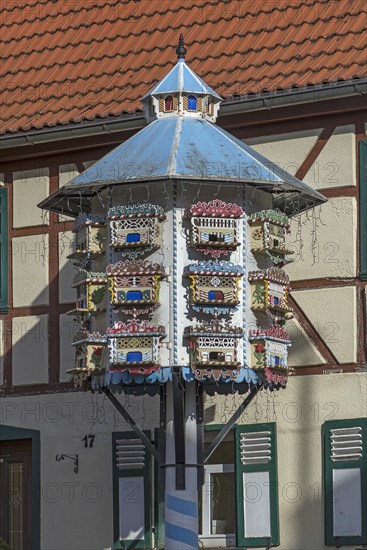 Artfully built dovecote in front of a farmhouse