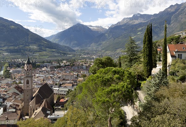 View of the old town of Merano with the parish church of St. Nicholas