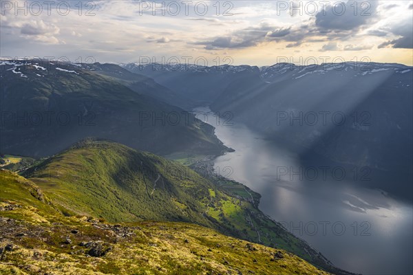 View from the top of the mountain Prest to the village Aurlandsvangen and the fjord Aurlandsfjord