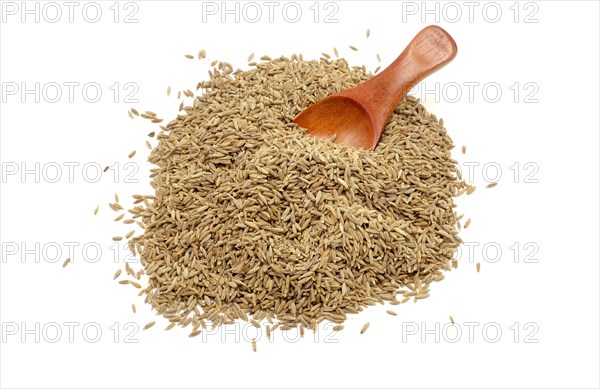A pile of cumin seeds with a wooden spoon against a white background
