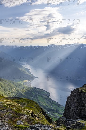 View from the top of the mountain Prest to Aurlandsvangen and fjord Aurlandsfjord