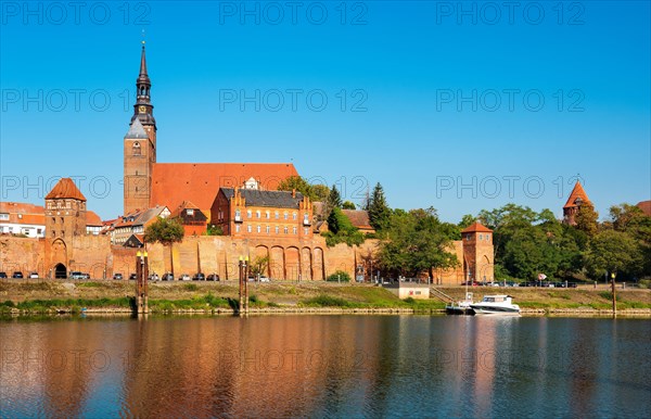 Old town of Tangermuende at the river Elbe with Elbe harbour