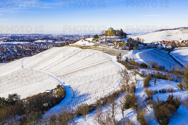 Aerial view grave chapel on the Wuerttemberg in winter