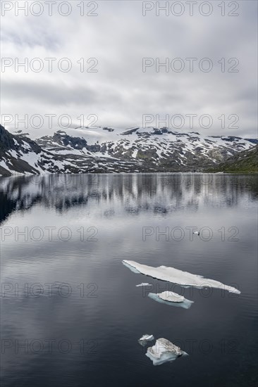 Snow and ice floating on lake Djupvatnet