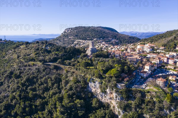 Aerial view La Turbie above Monaco with Roman victory monument Tropaeum Alpium or Trophee des Alpes in honour of Emperor Augustus