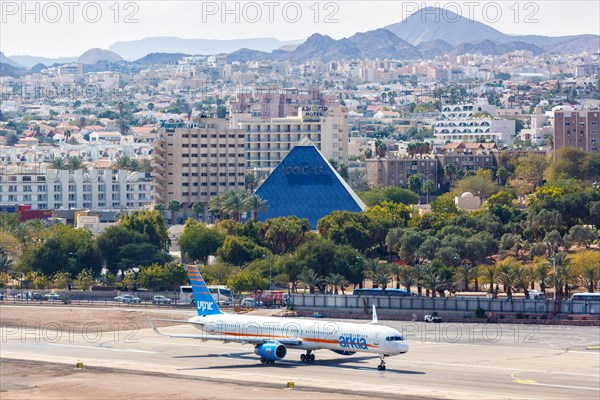 An Arkia Boeing 757-300 aircraft with registration number 4X-BAU at Eilat Airport