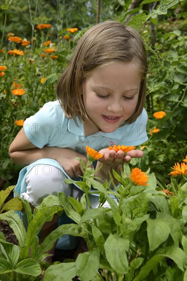 Girl smells marigold