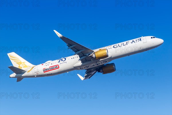 A Gulf Air Airbus A321LR with the registration A9C-NA and the special livery Formula 1 at Frankfurt Airport