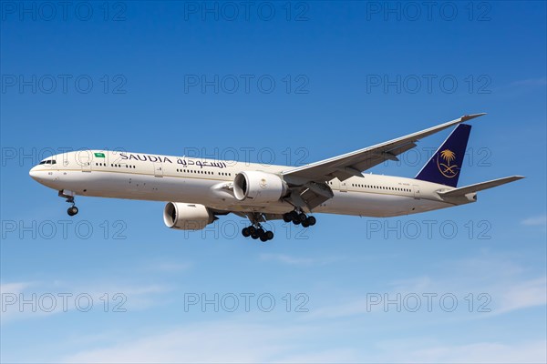 A Saudia Boeing 777-300ER aircraft with registration number HZ-AK40 at London Heathrow Airport