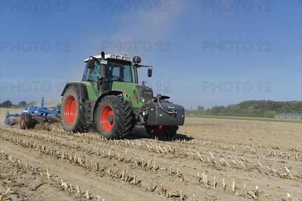 Farmer cultivating harvested maize field