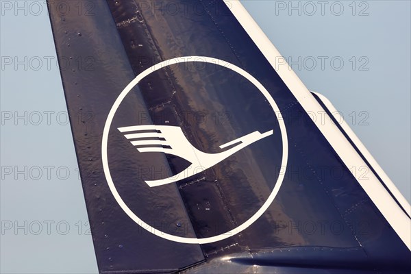 A Lufthansa Airbus tail unit with the crane logo at Frankfurt Airport