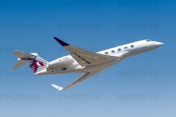 A Qatar Executive Gulfstream G650ER aircraft with registration number A7-CGA at Hong Kong Airport