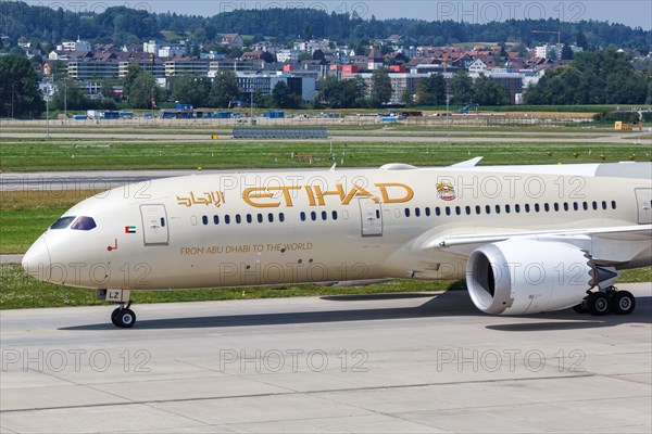 A Boeing 787-9 Dreamliner aircraft of Etihad with registration A6-BLZ at Zurich airport