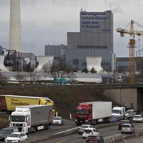 Heavy traffic on the motorway A 43 with the Steag power plant Herne in the background
