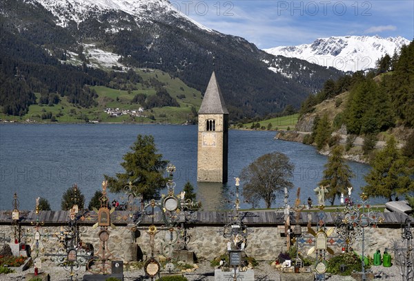 Tower of the parish church of St. Catherine in the Reschensee