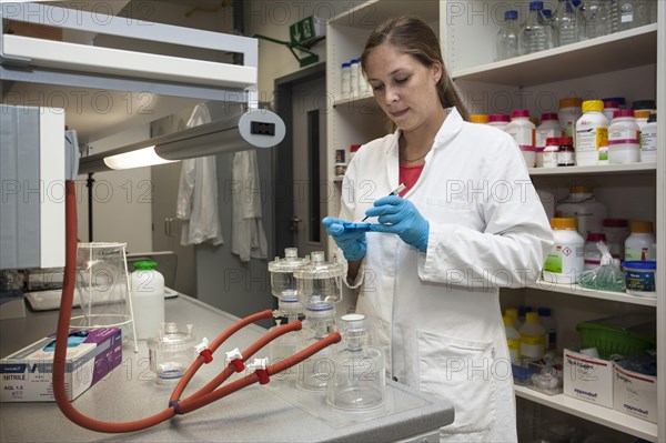 Scientist of biology at a laboratory filter unit in the genetic engineering section of the laboratories of the University of Duisburg-Essen