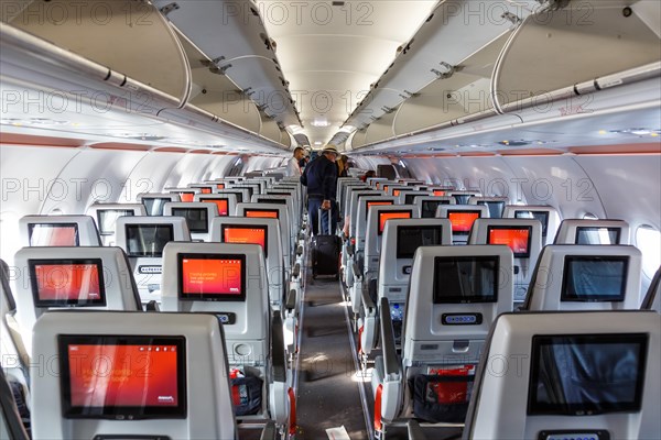 Cabin of an Avianca Airbus A321neo aircraft with registration N761AV at Bogota Airport