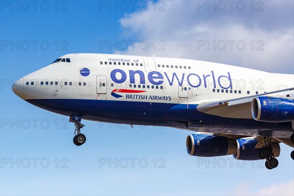 A British Airways Boeing 747-400 aircraft with registration number G-CIVI and special livery OneWorld at London Heathrow Airport