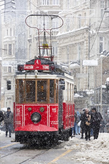 Tram under sleet on Istiklal Street