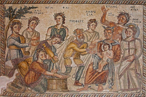 Mosaicn The scene represents the moment at which baby Dionysos