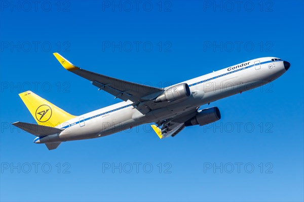 A Boeing 767-300ER aircraft of Condor with registration D-ABUM in the retro special livery at Frankfurt Airport