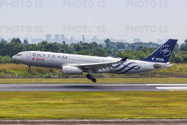 An Airbus A330-200 aircraft of China Eastern Airlines with registration number B-6538 and SkyTeam special livery at Chengdu Airport