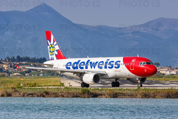 An Airbus A320 aircraft of Edelweiss with registration HB-IJW at Corfu Airport