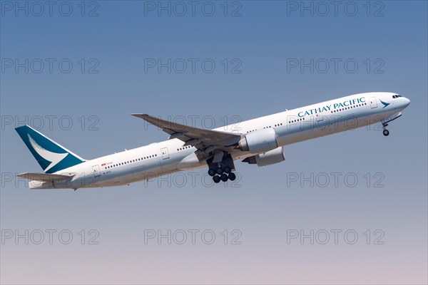 A Cathay Pacific Boeing 777-300ER aircraft with registration B-KPZ at Hong Kong Airport