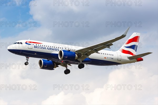 A British Airways Airbus A320neo with registration G-TTNE lands at London Heathrow Airport