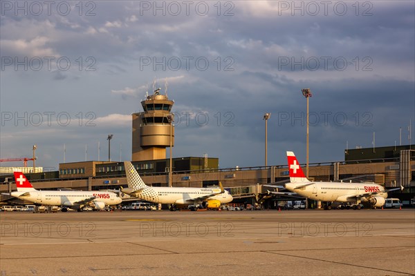 Airbus A320 aircraft of Swiss and Vueling at Zurich Airport