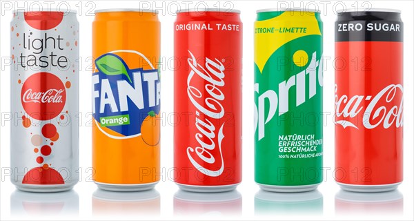 Coca Cola Coca-Cola Fanta Sprite products lemonade soft drink beverage in beverage can cutout against white background