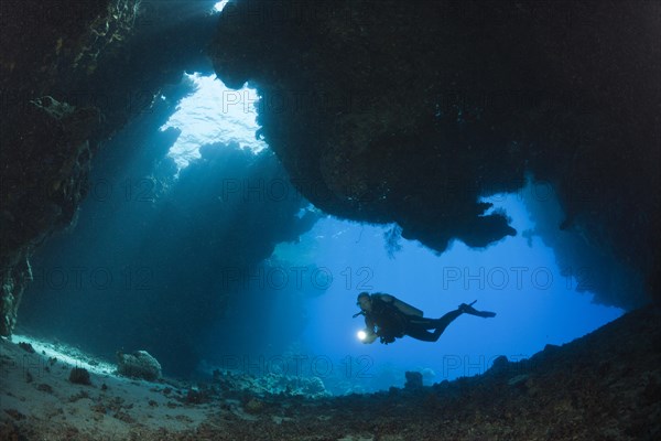 Diver in underwater cave