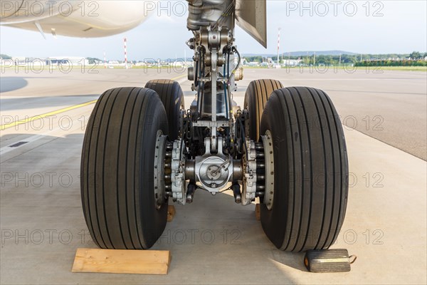 An Airbus A330-300 aircraft landing gear of Swiss with the registration HB-JHE at Zurich Airport