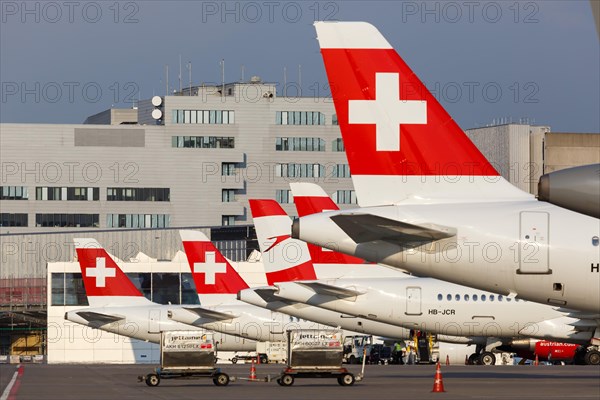 Tails of Swiss International Air Lines Airbus aircraft at Zurich Airport