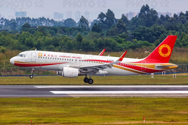 An Airbus A320 aircraft of Chengdu Airlines with registration number B-8608 at Chengdu Airport