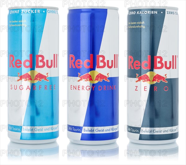 Red Bull Energy Drinks Products Lemonade Soft Drink Beverages In Drink Can Free Plate Against White Background
