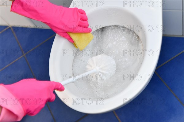 Person with rubber gloves cleans toilet with brush