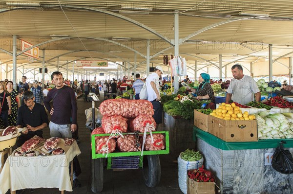 Market stand with vegetables and meat