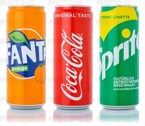 Coca Cola Coca-Cola Fanta Sprite products lemonade soft drink beverage in beverage can cutout against white background