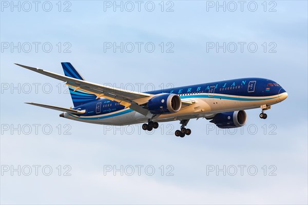 A Boeing 787-8 Dreamliner aircraft of Azerbaijan Airlines AZAL with registration VP-BBR at London Heathrow Airport